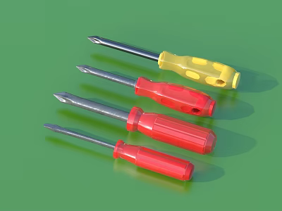 Four Yellow And Red Screwdrivers With Different Tips On Green Background 3d model