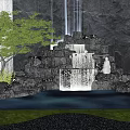 Natural Stone Waterfall Feature Wall With Flowing Water Green Tree And Lush Grass