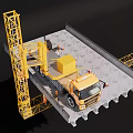 Yellow Heavy Duty Construction Vehicle Transporting Concrete Bridge Slab With Crane Structure At Construction Site