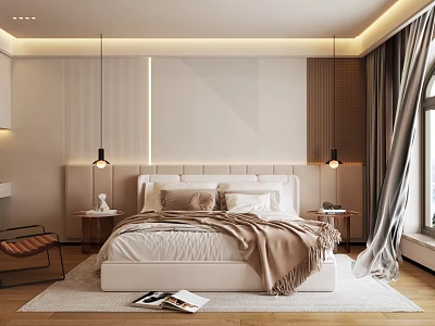 Modern Bedroom Interior Design With Upholstered Headboard Pendant Lights And Area Rug 3d model