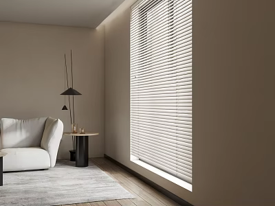 Modern Room Interior With Window Blinds Beige Sofa Light Carpet And Floor Lamp 3d model