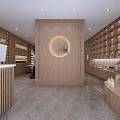 Modern Tea House Interior With Wooden Shelves Tea Display And Seating Area