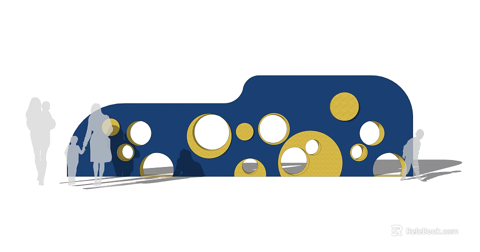 Modern Feature Wall With Blue And Yellow Circular Patterns And People Silhouettes 3d model