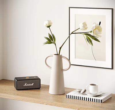 Decorative Ornament Set With White Vase Flowers Green Leaves Marshall Speaker And White Cup 3d model