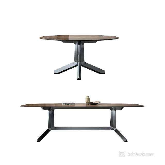 Stylish Round And Rectangular Dining Tables With Wooden Tops And Metal Bases 3d model 