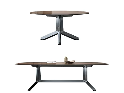 Stylish Round And Rectangular Dining Tables With Wooden Tops And Metal Bases 3d model