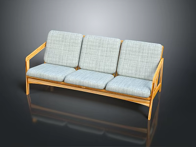 Modern Three Seater Sofa With Wooden Frame And Light Gray Cushions 3d model
