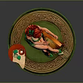Red Haired Woman Statue In Green Dress Playing Harp On Stool With Table Apple And Book