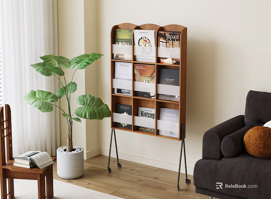 Wooden Bookshelf With Books And Magazines In Living Room With Green Plant And Sofa 3d model 