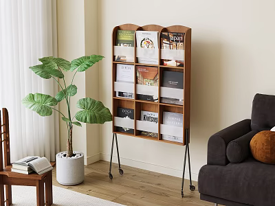 Wooden Bookshelf With Books And Magazines In Living Room With Green Plant And Sofa 3d model