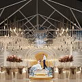 Luxurious Banquet Hall Interior With Crystal Chandeliers And Wedding Stage Decorations