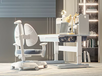 Modern White Desk And Chair Set With Laptop Lamp Decorations And Warm Bookshelf Lighting 3d model