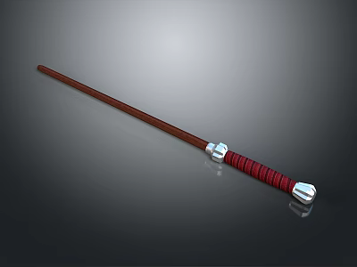 Wooden Staff With Brown Shaft Red Wrapped Handle And Silver Accents 3d model