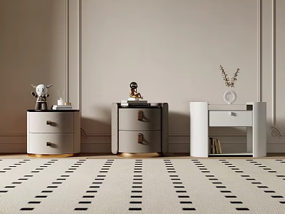 Three Stylish Bedside Tables with Drawers Shelves and Decorative Accents Including Figurines Books and Vase 3d model