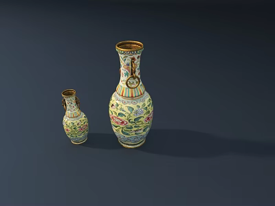 Ceramic Vases With Colorful Floral Patterns And Golden Accents In Two Sizes 3d model