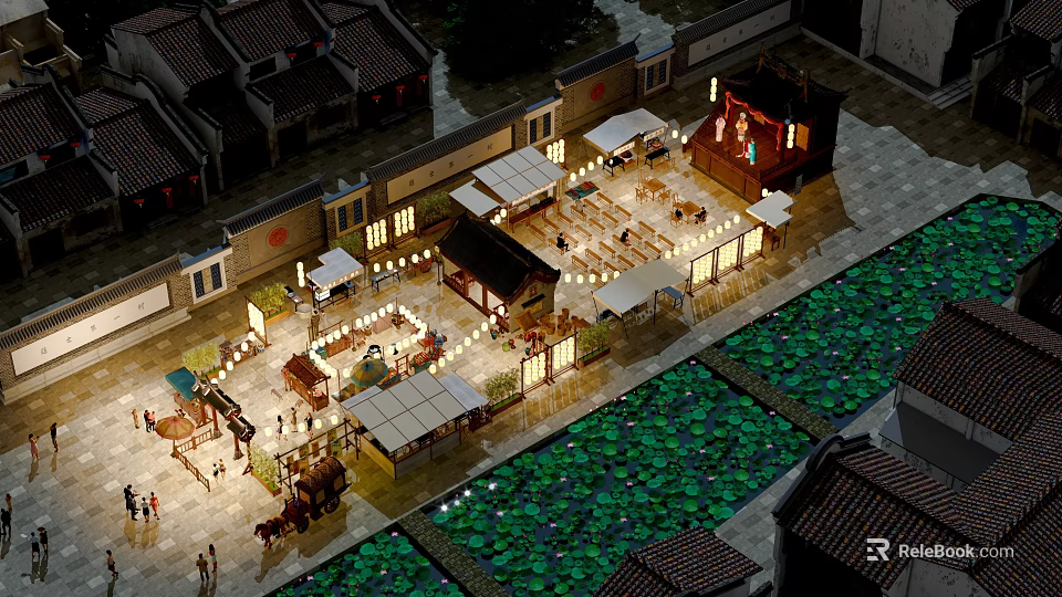 Traditional Commercial Street At Night With Traditional Architecture Lit Stalls Lotus Pond And People Walking 3d model 