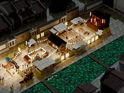 Traditional Commercial Street At Night With Traditional Architecture Lit Stalls Lotus Pond And People Walking 3d model