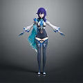 Game and Movie Character With Purple Hair Blue White Outfit Flowing Sash and Long Stockings