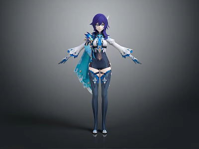 Game and Movie Character With Purple Hair Blue White Outfit Flowing Sash and Long Stockings 3d model