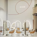 Stylish Modern Hair Salon Interior With Arched Mirrors And Comfortable Orange Chairs