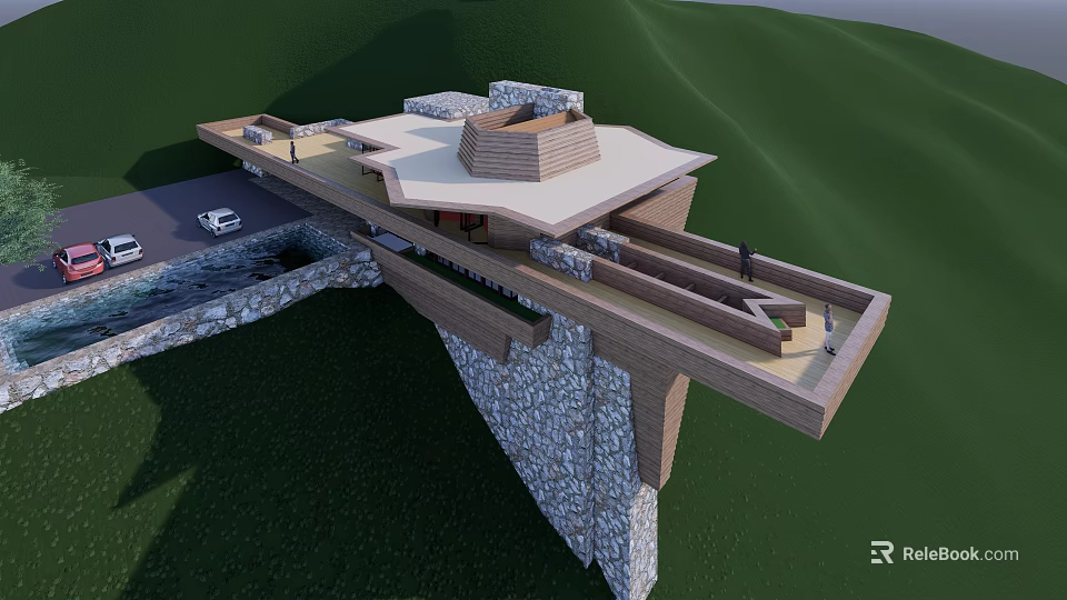 Modern Cliffside Building With Stone Wall Wooden Platform And Green Hills 3d model 