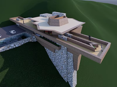 Modern Cliffside Building With Stone Wall Wooden Platform And Green Hills 3d model