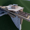 Modern Cliffside Building With Stone Wall Wooden Platform And Green Hills