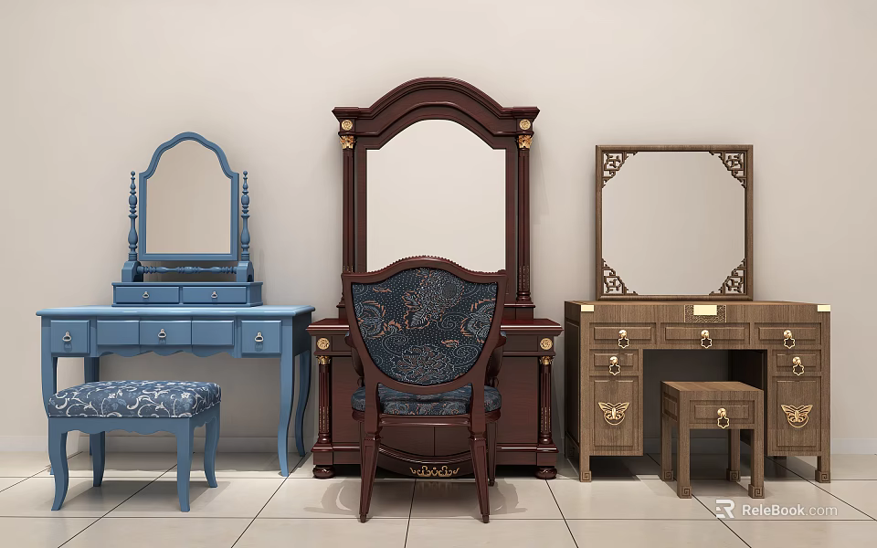 Varied Style Wooden Dressers with Mirrors Stools and Carved Designs in Blue Brown Tones 3d model 