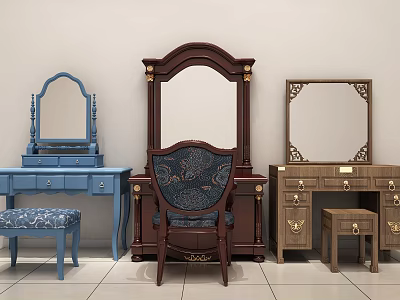 Varied Style Wooden Dressers with Mirrors Stools and Carved Designs in Blue Brown Tones 3d model