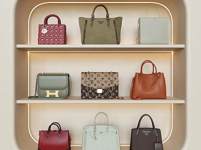 Elegant Handbags Display On Illuminated Three Tiered Shelves Featuring Various Colors 3d model