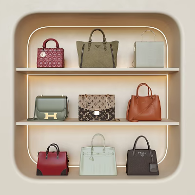 Elegant Handbags Display On Illuminated Three Tiered Shelves Featuring Various Colors 3d model