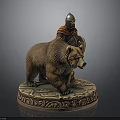 Helmeted Armored Man With Red Cape Riding Brown Bear On Ornate Base Statue
