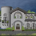 Mediterranean Style Detached Villa With Arched Windows Tower Illuminated Porch And Landscaping