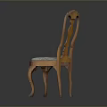 Classic Wooden Carved Chair With Blue Patterned Fabric Seat And Curved Legs