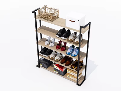 Practical Multi Tier Shoe Rack With Metal Frame Wooden Shelves For Shoes Storage 3d model
