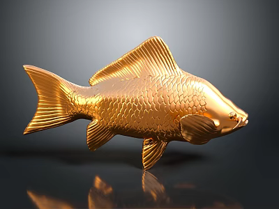 Golden Fish With Detailed Scaled Texture Shiny Metallic Decorative Sculpture On Dark Background 3d model