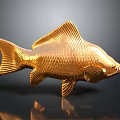 Golden Fish With Detailed Scaled Texture Shiny Metallic Decorative Sculpture On Dark Background