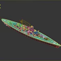 Detailed Warship Model With Green Hull Red Bottom And Naval Equipment