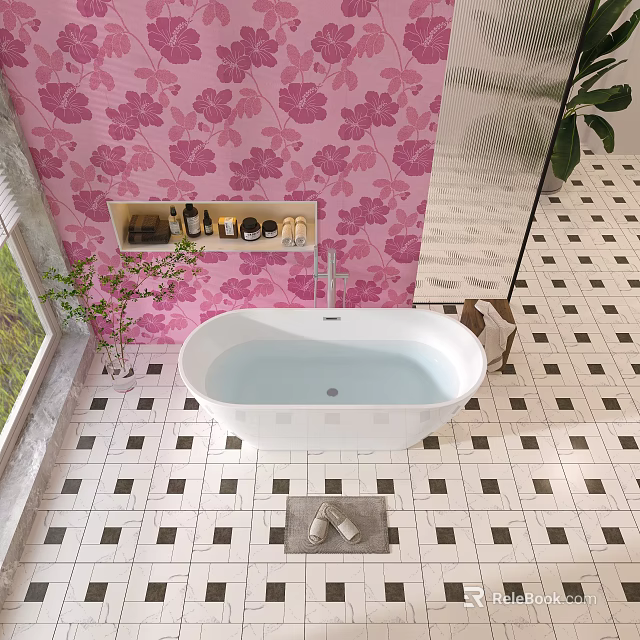 White Bathtub in Bathroom With Pink Floral Wallpaper and Black White Checkered Floor Tiles 3d model 