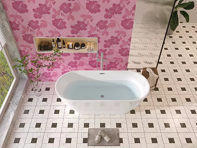 White Bathtub in Bathroom With Pink Floral Wallpaper and Black White Checkered Floor Tiles 3d model
