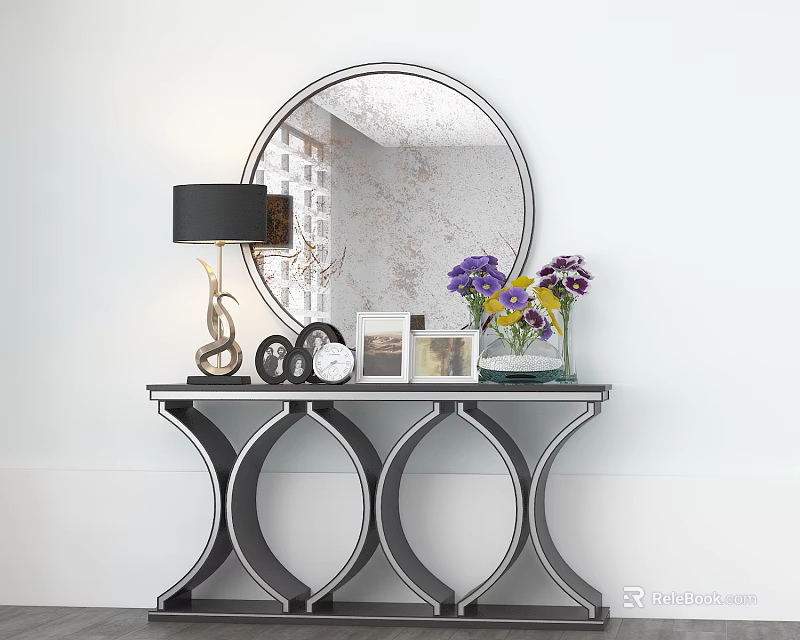 Modern Console Table Decorated With Round Mirror Table Lamp Photo Frames And Purple Flowers 3d model