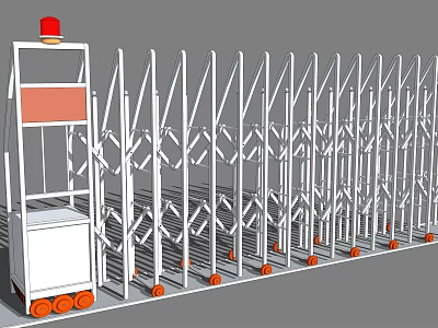 Electric Retractable Gate With White Structure Red Warning Light And Orange Wheels 3d model