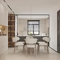 Modern Restaurant Interior with Dining Table Chairs White Cabinets Refrigerator Hanging Lights and Potted Plant