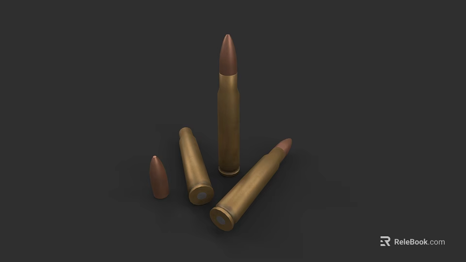 Military Brass Bullets Arranged In Various Sizes On Dark Background 3d model 