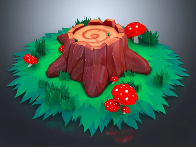 Wooden Stone Tree Stump Surrounded By Red Spotted Mushrooms And Green Grass 3d model
