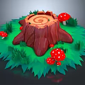 Wooden Stone Tree Stump Surrounded By Red Spotted Mushrooms And Green Grass
