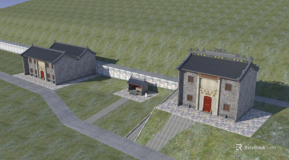Ancient Chinese Architecture With Gray Walls Red Doors Black Roofs Courtyard Stone Paths And Grassland 3d model 