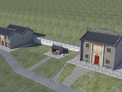 Ancient Chinese Architecture With Gray Walls Red Doors Black Roofs Courtyard Stone Paths And Grassland 3d model