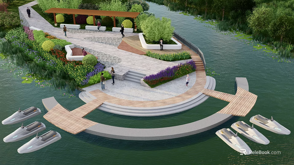 Scenic Riverside Public Landscape Area With Walkway Steps Greenery People And Boats 3d model 