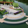 Scenic Riverside Public Landscape Area With Walkway Steps Greenery People And Boats